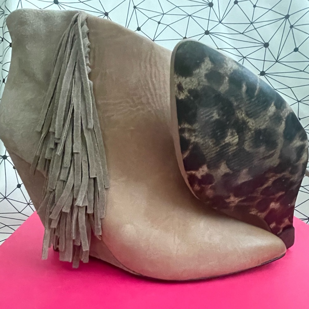 Betsey Johnson Taupe Suede Fringe Wedge Ankle Boots - Picture 3 of 9
